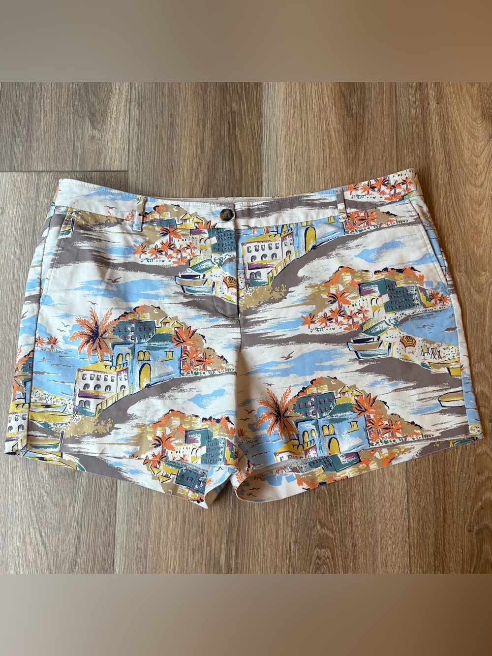 Boden Coastal Seaside Cityscape Chino Shorts Size US 16R Midrise Button Closure